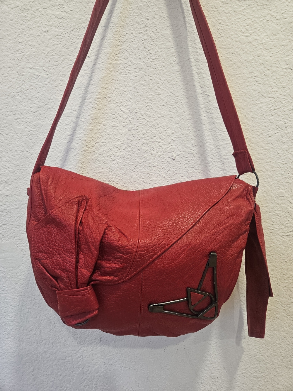 Charles Klein Italy Red Leather Crossbody Purse Geometric Metal Knot Detail
